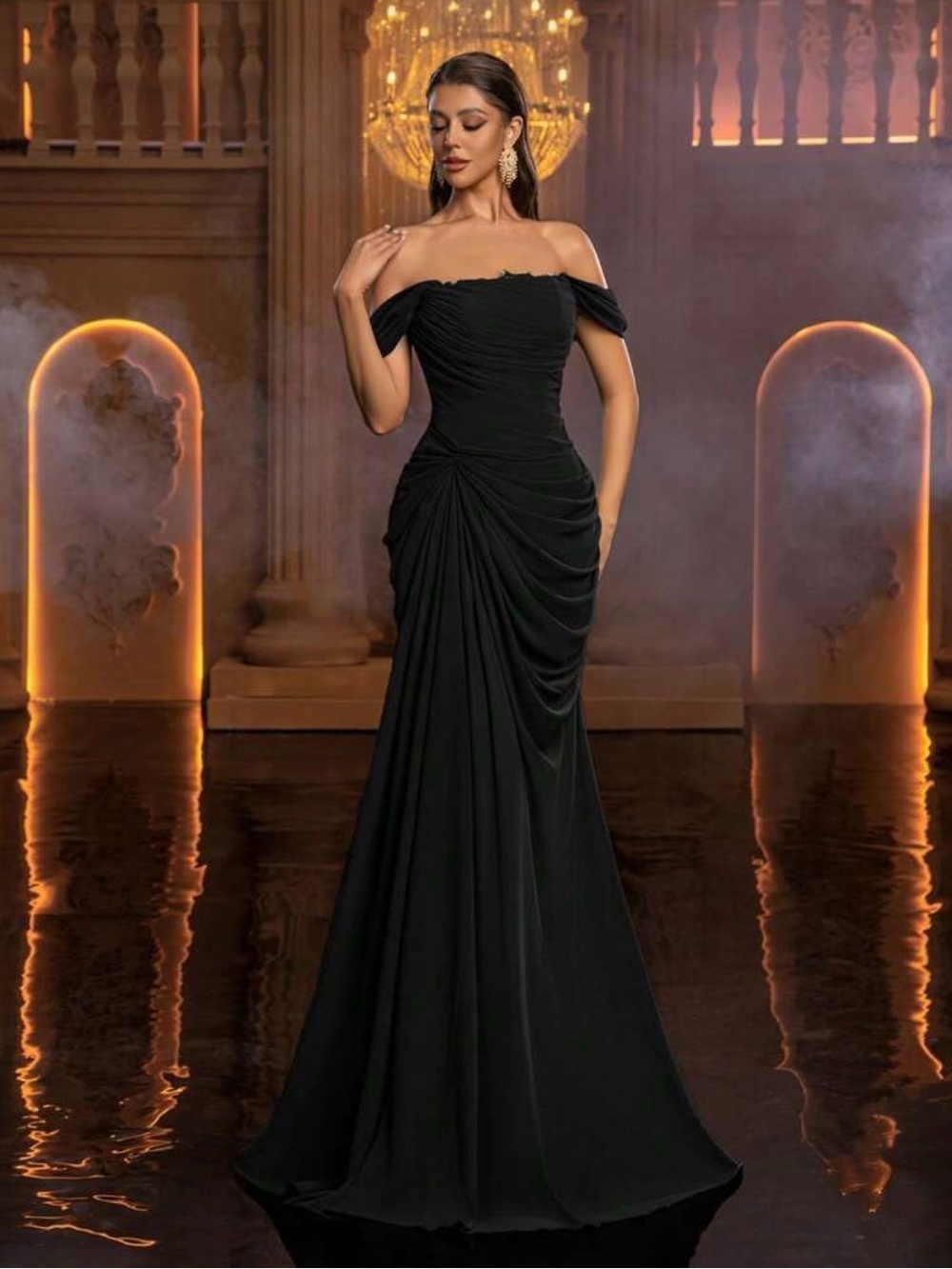 Elegant Off-Shoulder Black Evening Gown